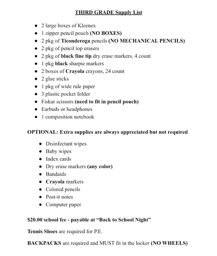 3rd grade supply list 