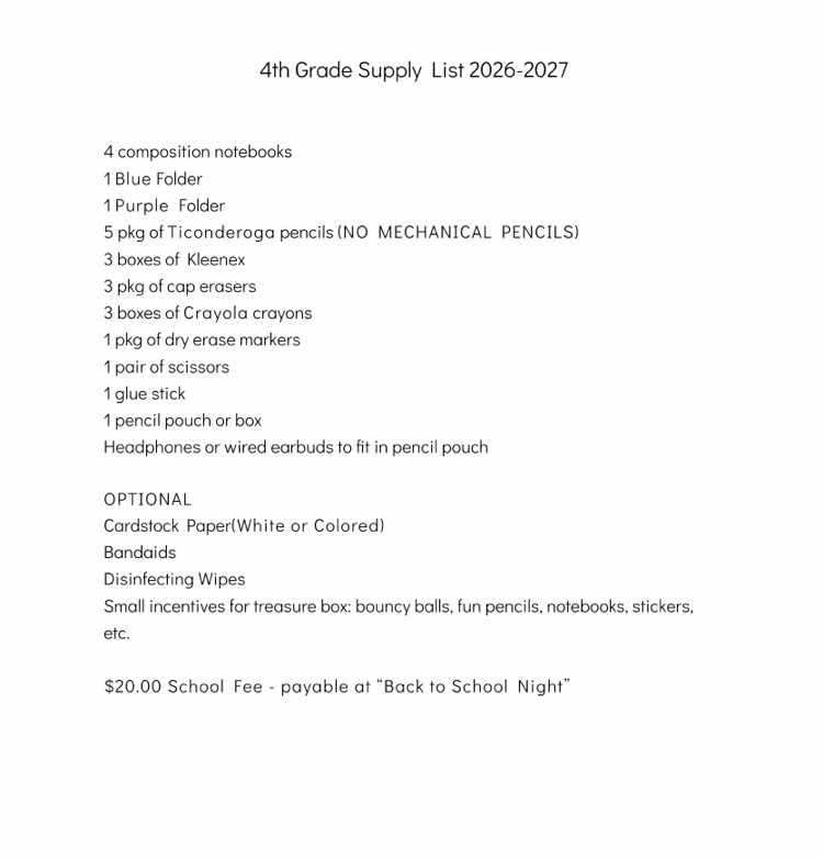 4th grade supply list 