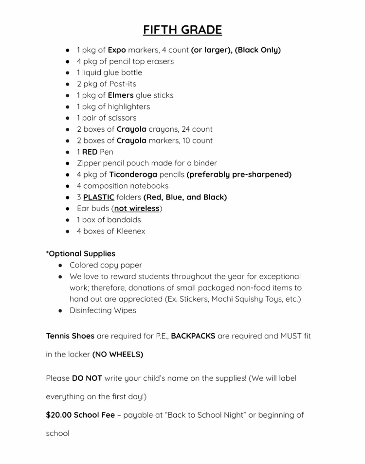 5th grade supply list 