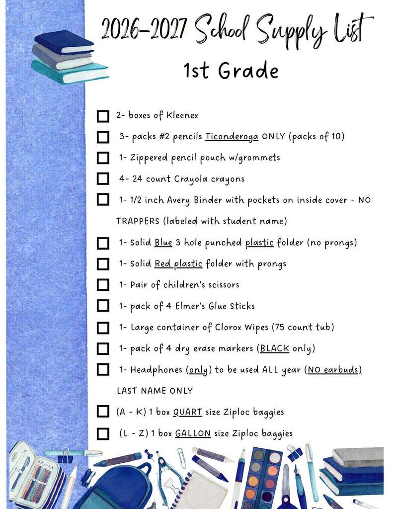1st Grade Supply List
