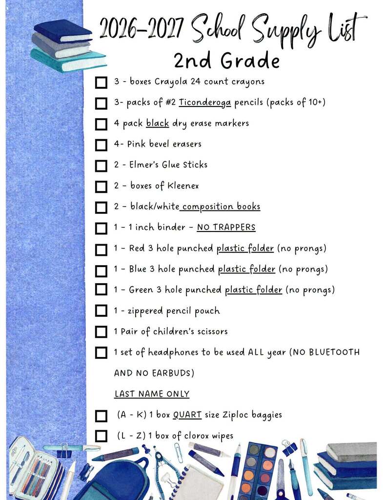 2nd Grade Supply List