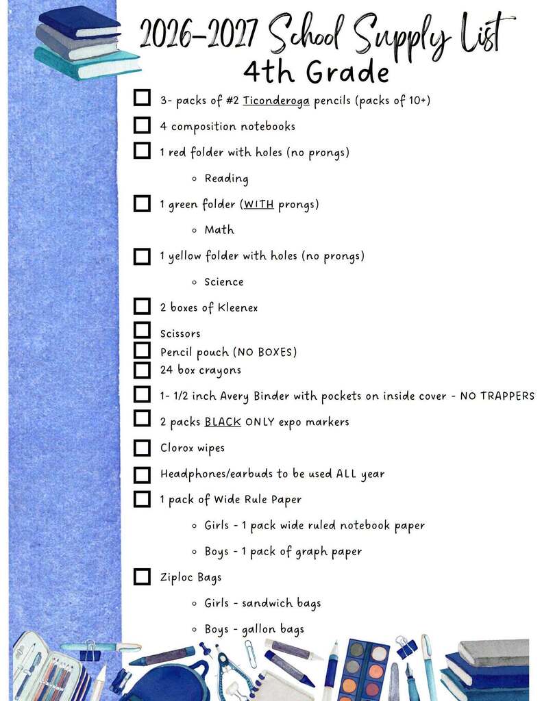 4th Grade Supply List