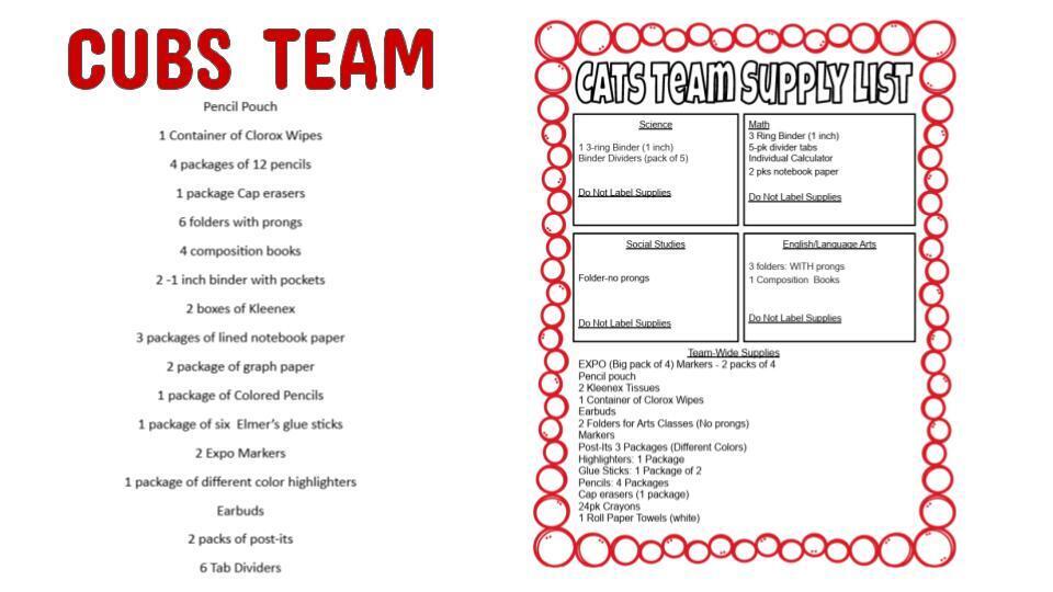 6th Supply Lists