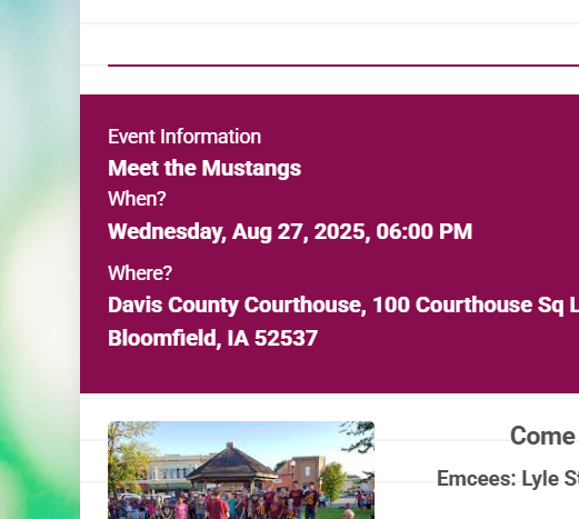 Meet the Mustangs tonight, Aug 27, at 6pm on the Courthouse lawn