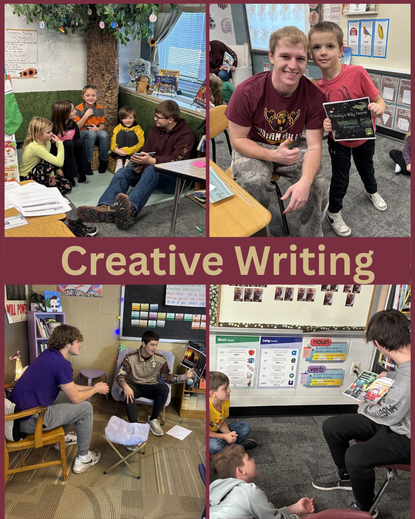 Creative writing students read their stories to elem students collage