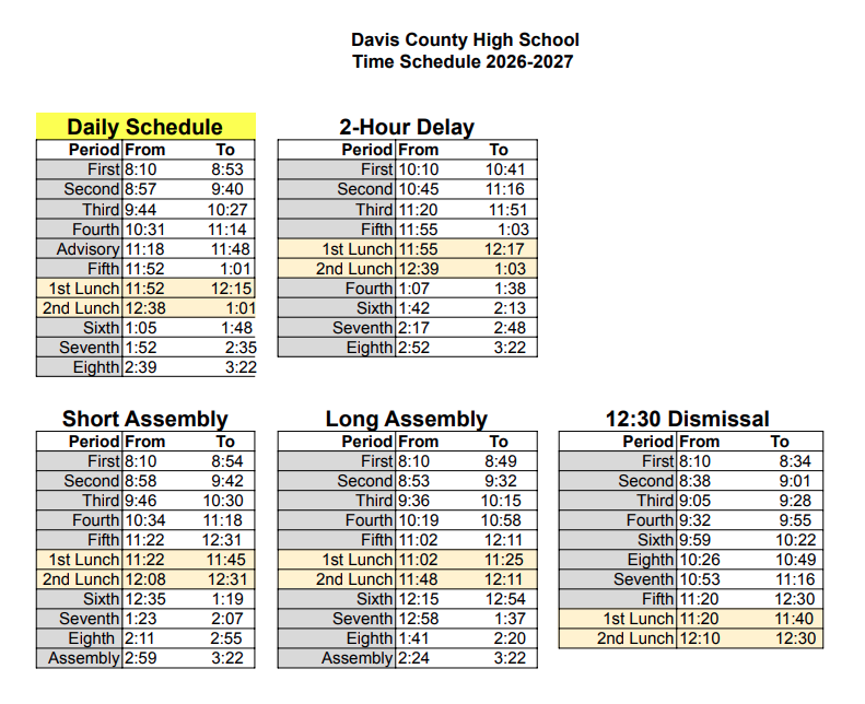 High School daily bell schedule