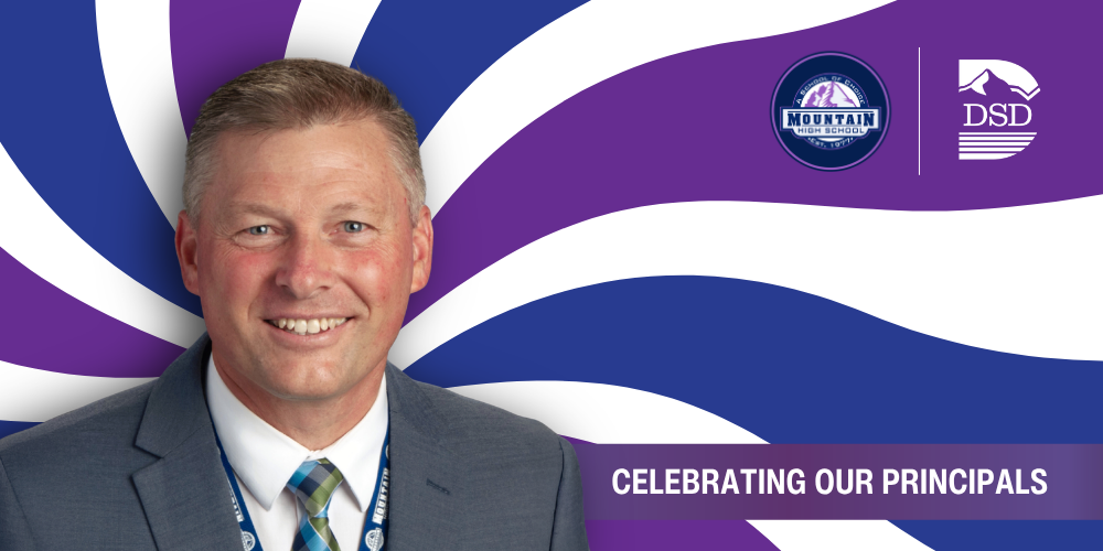 A principal in front of a wavy background with a banner that reads "Celebrating Our Principals"