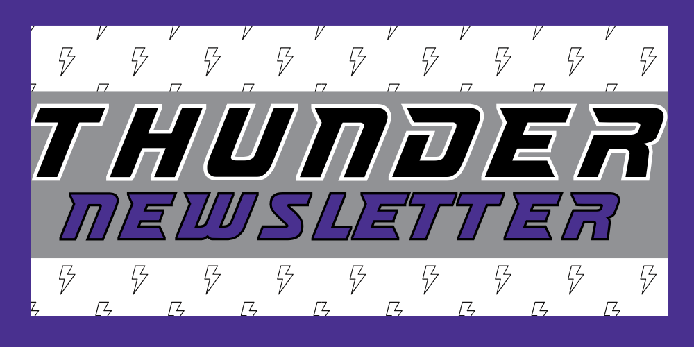 thunder newsletter header. purple outline on white box with black lighting bolts. Thunder in black and Newsletter in purple
