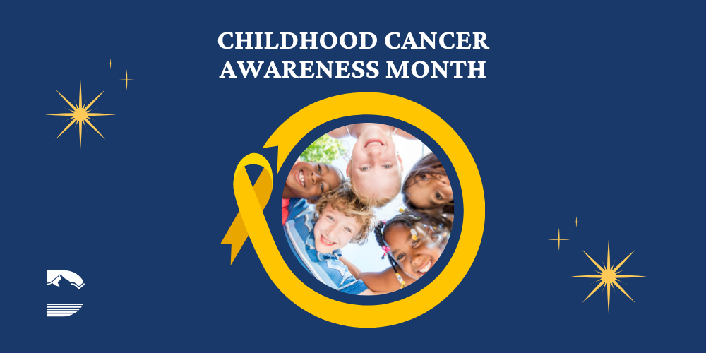 Childhood Cancer Awareness Month with students smiling and a yellow ribbon.