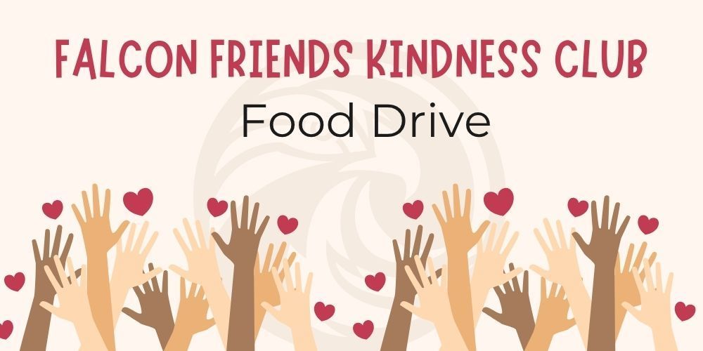 Falcons Friends Food drive, hands with hearts around them and the Falcon logo in the background