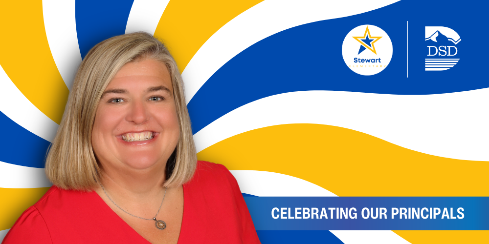 A principal in front of a wavy background with a banner that reads "Celebrating Our Principals"