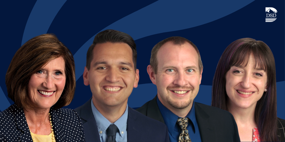 A dark and light blue wavy background with photos of multiple individuals and the Davis School District Logo in the bottom right.