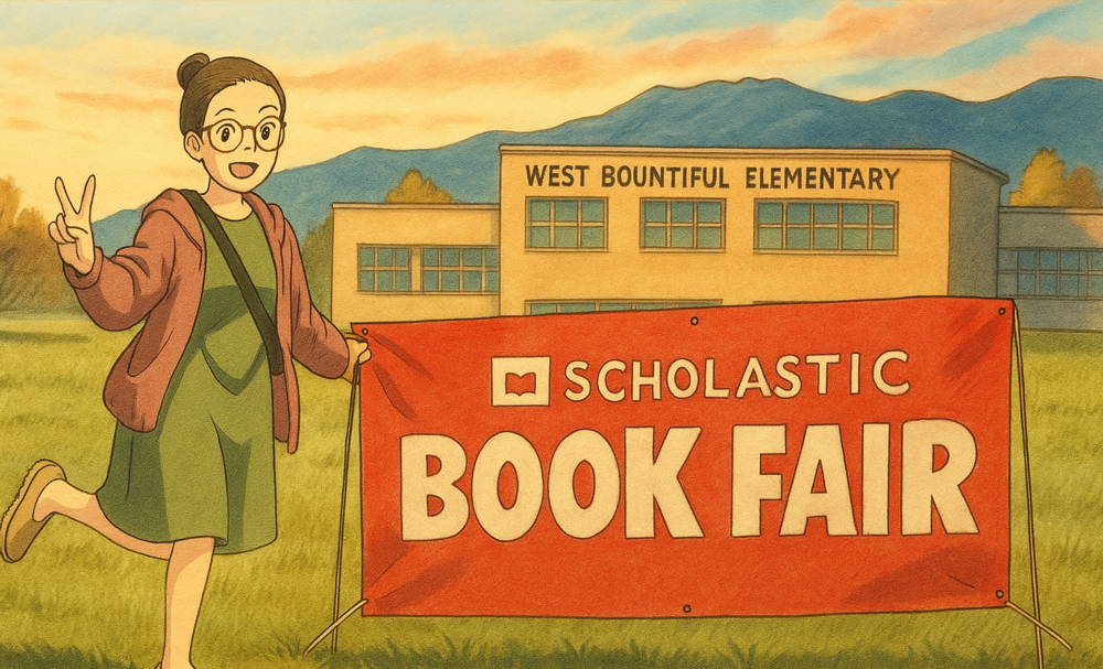 Cartooned photo of teacher in from of West Bountiful Elementary next to a scholastic book fair sign.