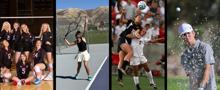 Collage of Viewmont High School fall sports: (1) girls’ volleyball team posing on the gym court, (2) female tennis player serving on an outdoor court with mountains behind, (3) two girls’ soccer players leaping for the ball during a match, and (4) boys’ golfer blasting a shot from a sand bunker.