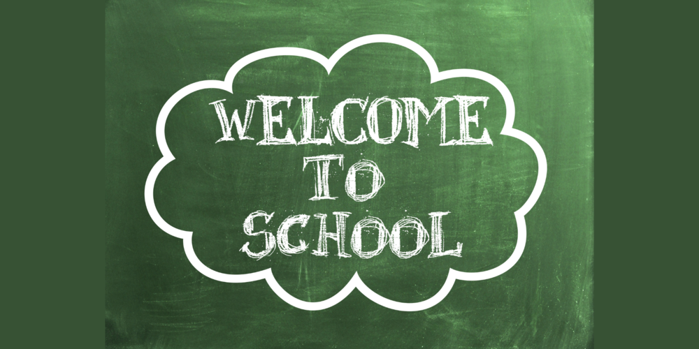 Green Chalkboard with writing on it that reads, "Welcome to school"