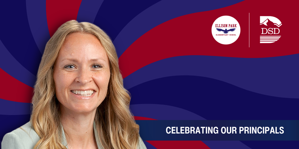 A principal in front of a wavy background with a banner that reads "Celebrating Our Principals"