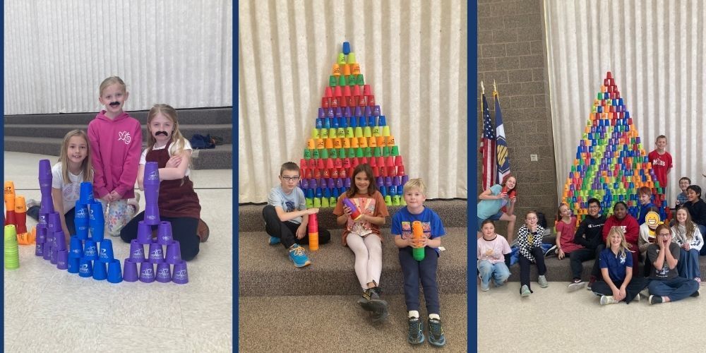 Photos of kids doing cup stacking in PE