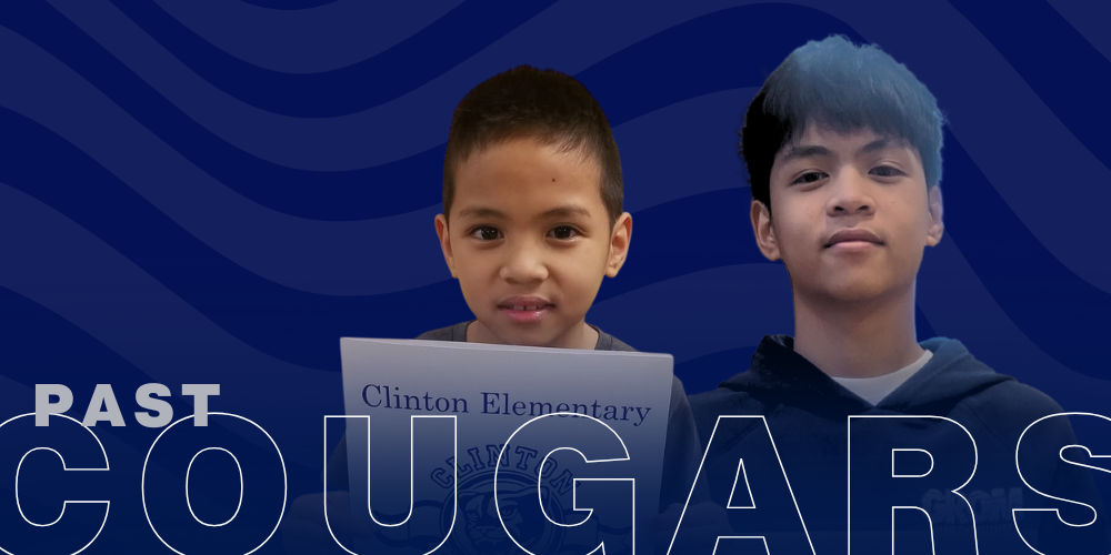A photo of a student smiling at the camera on a two toned wavy blue background. There is a title along the bottom that reads: "Past Cougars."