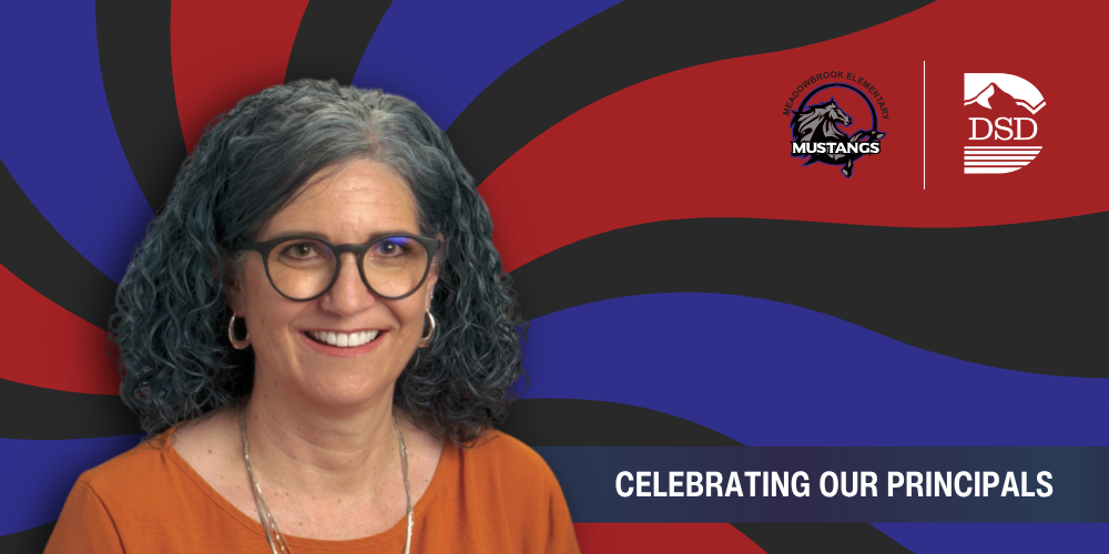 A principal in front of a wavy background with a banner that reads "Celebrating Our Principals"