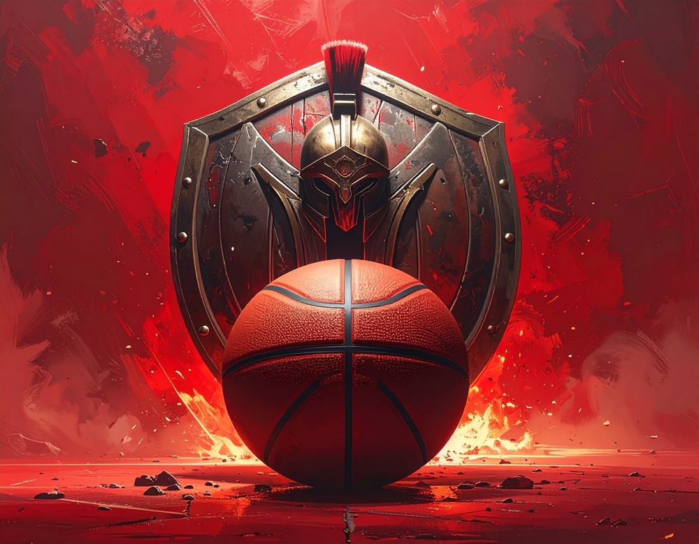 basketball with  Spartan shield behind it