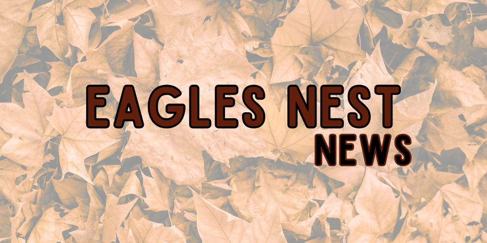 Faded fall leaf background with text that reads "Eagles Nest News"