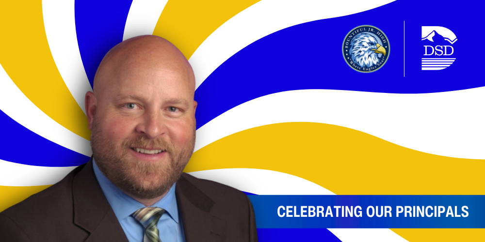 A principal in front of a wavy background with a banner that reads "Celebrating Our Principals"