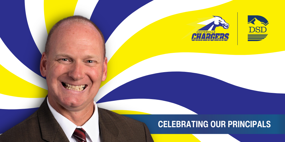 A principal in front of a wavy background with a banner that reads "Celebrating Our Principals"
