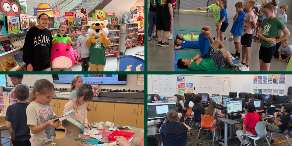 Four-photo collage showing Bountiful Elementary students learning in Prep classes: choosing books during the book fair, participating in Decathlon activities, creating art, and working at computers in Computer Science.