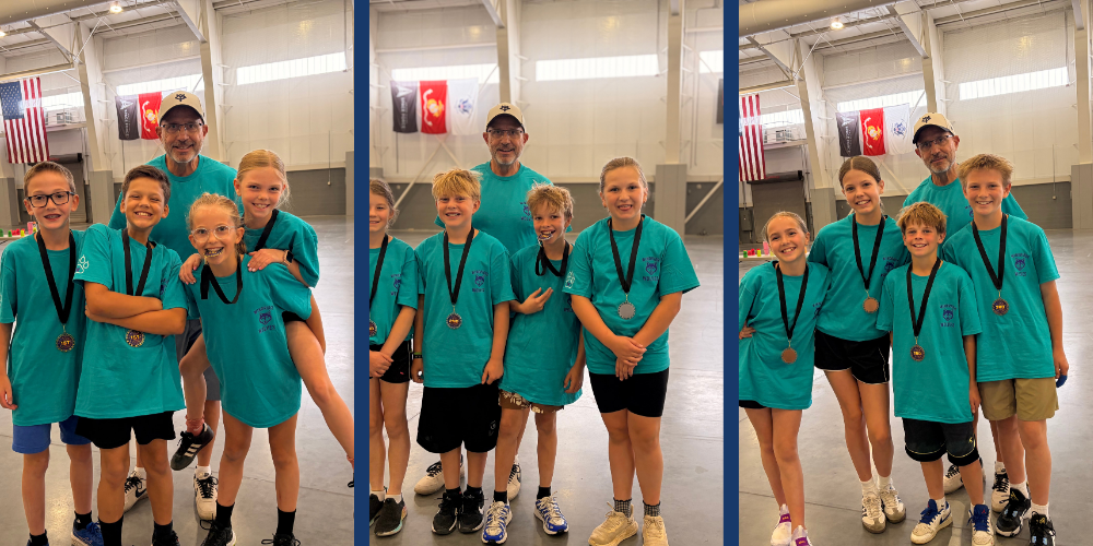 Three separate images of kids wearing medals after a school competition