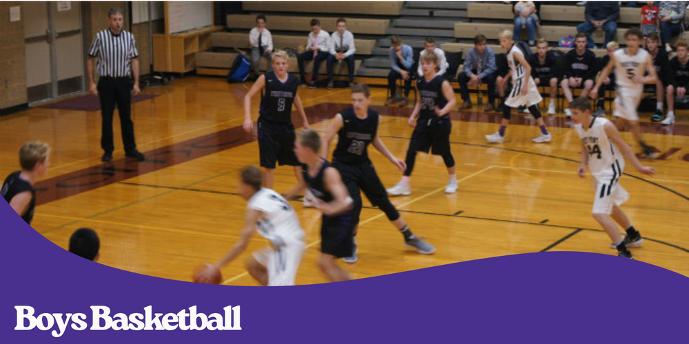 Boys playing basketball in black and white uniforms in school gym with purple wave and the words Boys Basketball at the bottom in white