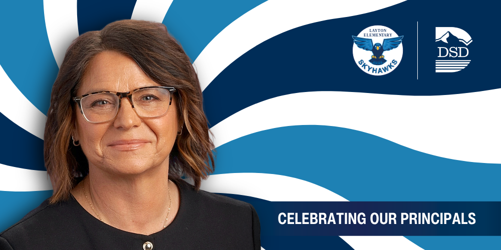 A principal in front of a wavy background with a banner that reads "Celebrating Our Principals"