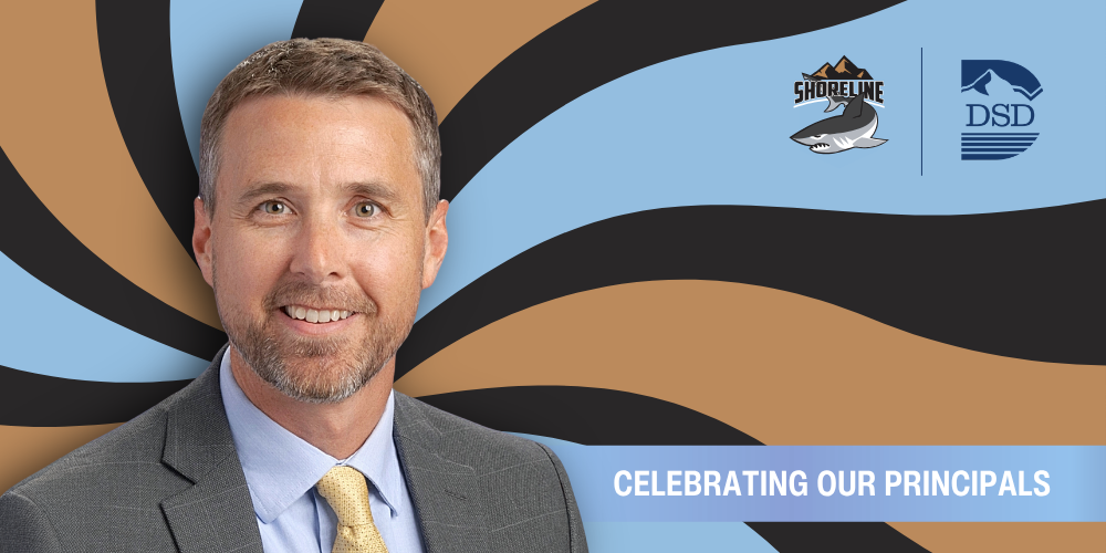 A principal in front of a wavy background with a banner that reads "Celebrating Our Principals"