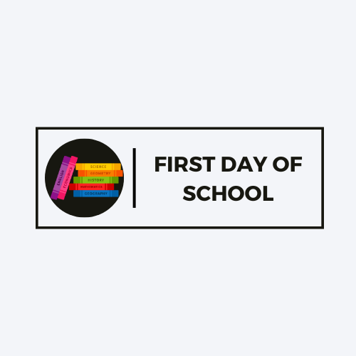 First day of school with picture of stacked books