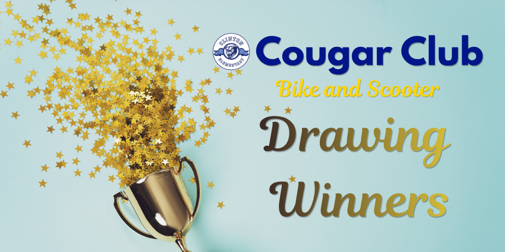 Cougar Club Bike and Scooter Drawing Winners in Blue, Yellow, and Gold, with Winner cup and gold star sparkles