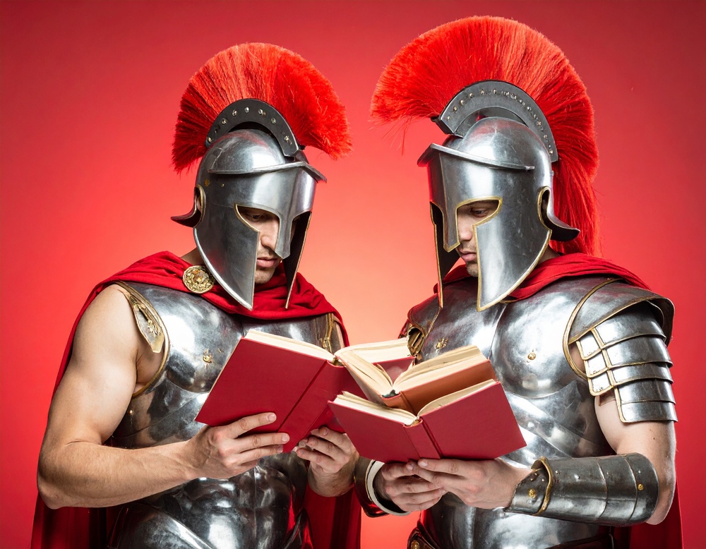 Spartans in full armor reading books