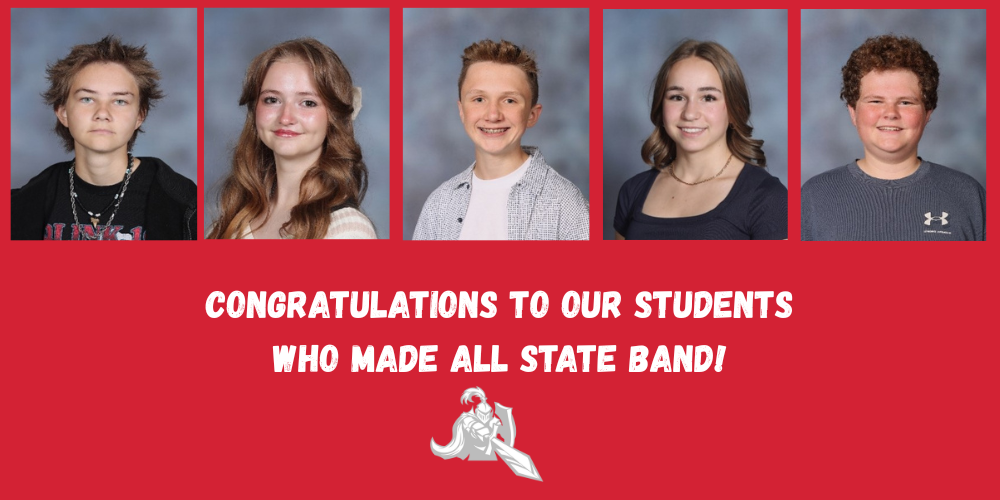 image of five students and the kjh knight logo, a knight in armor holding a shield and pointing a sword