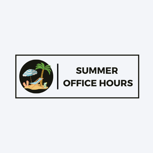 Summer Office Hours with picture of palm tree and umbrella on a small mound of sand.
