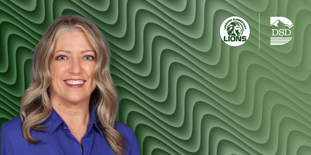 Assistant principal with a green wavy background and the Lakeside Elementary and DSD logos.