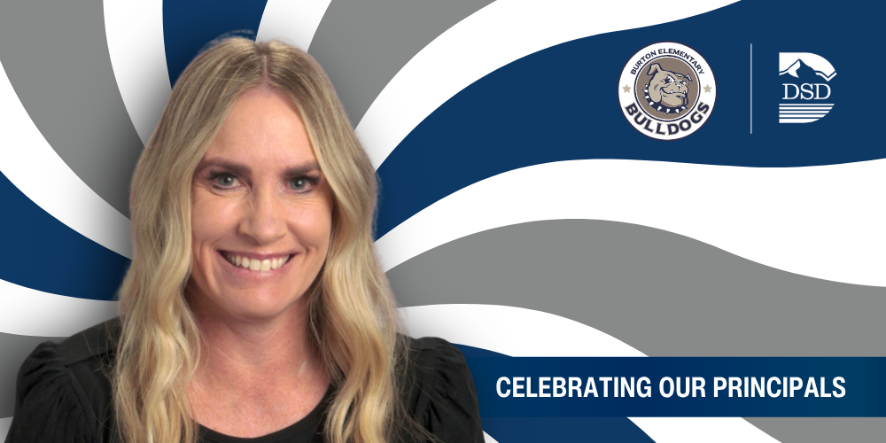 A principal in front of a wavy background with a banner that reads "Celebrating Our Principals"