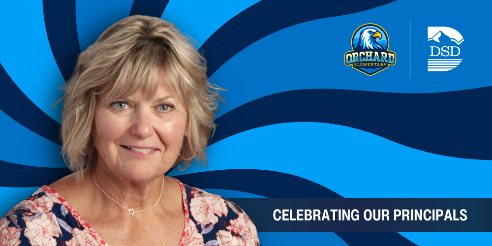 A principal in front of a wavy background with a banner that reads "Celebrating Our Principals"