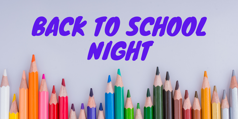 The words Back to School Night in purple with colored pencils in multiple colors and heights at the bottom of the picture