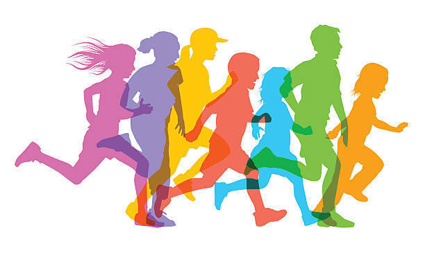 seven silhouettes of people running 