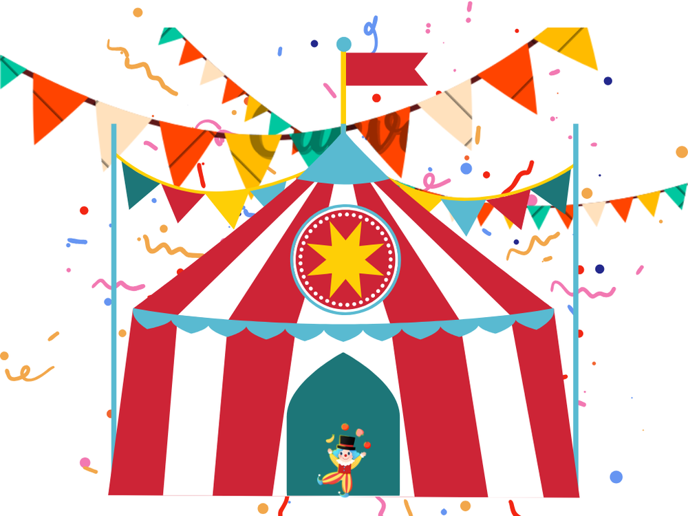 Circus tent with confetti around it, flags, and a juggling clown in the entrance