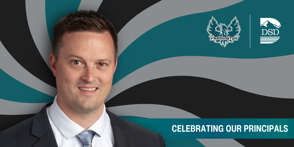 A principal in front of a wavy background with a banner that reads "Celebrating Our Principals"