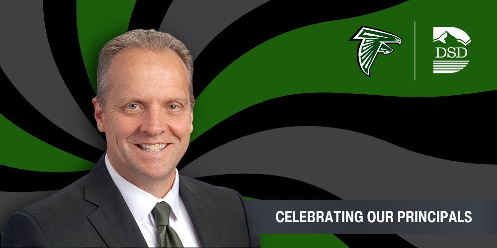A principal in front of a wavy background with a banner that reads "Celebrating Our Principals"
