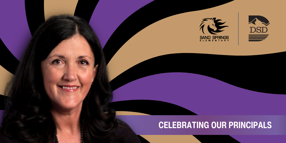 A principal in front of a wavy background with a banner that reads "Celebrating Our Principals"