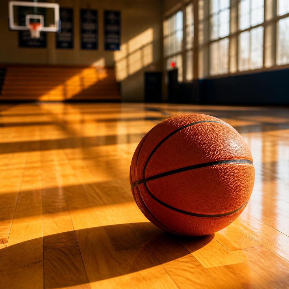 orange basketball on a gym floor.