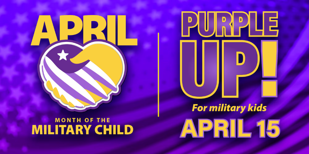 Purple April Month of the Military Child and Purple up! for military kids April 15 with flag background.