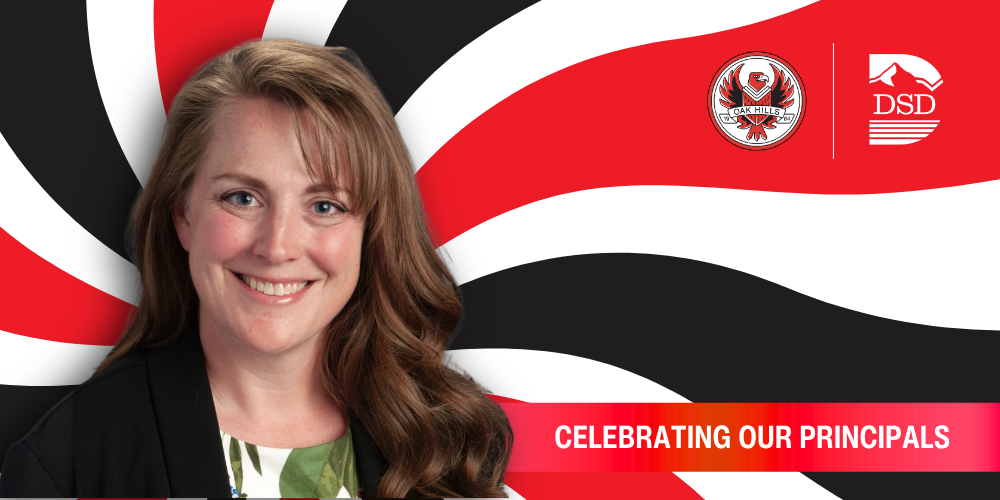 A principal in front of a wavy background with a banner that reads "Celebrating Our Principals"