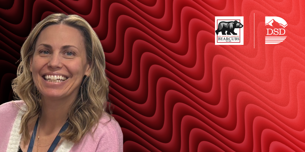 Assistant principal with a black and red wavy background with the West Bountiful Elementary and DSD logos.